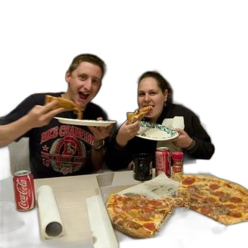 food, man, woman, eating, pizza, coca-cola, cans, table transparent PNG cut-out