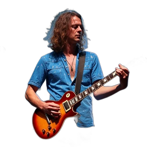 photorealistic, man, long, hair, playing, electric, guitar, stage transparent PNG cut-out