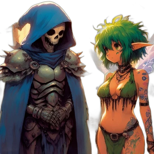 concept art, fantasy art, comic book art, pixel art, green, two, animated, characters transparent PNG cut-out