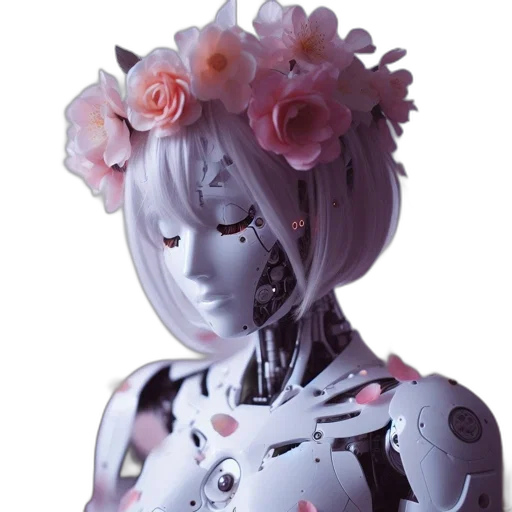 robot, mask, face, flower, concept art, cyberpunk, 3d render, vaporwave transparent PNG cut-out