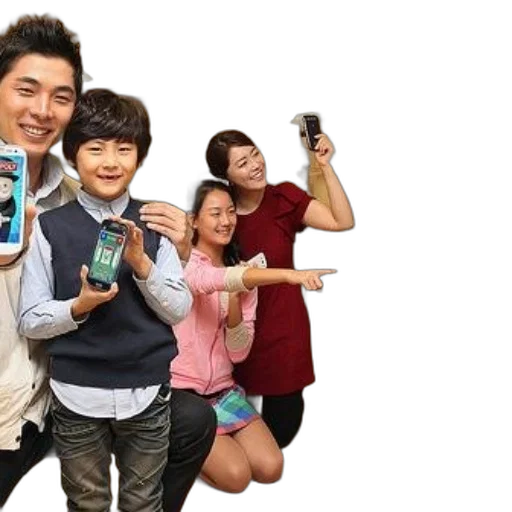 family, four, gathered, around, television, playing, game, their transparent PNG cut-out