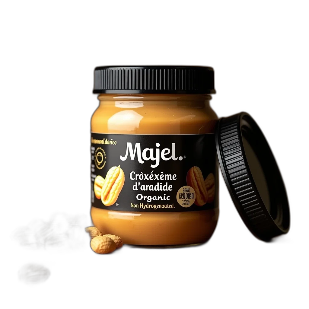 food, bottle, 3d render, photorealistic, golden, jar, creamy, peanut transparent PNG cut-out