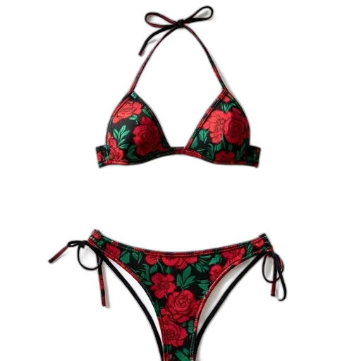red, bikini, floral, pattern, displayed, against, white, background transparent PNG cut-out