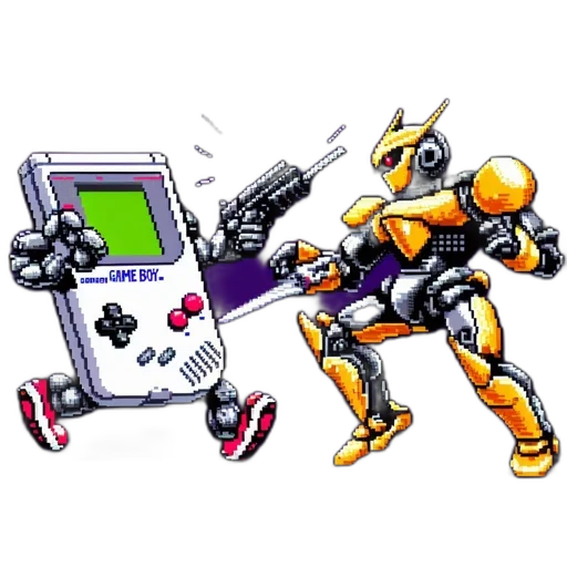 robot, weapon, pixel art, concept art, vaporwave, cyberpunk, pixel, art transparent PNG cut-out