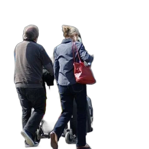 jacket, staff, 3d render, two, people, walking, luggage, one transparent PNG cut-out