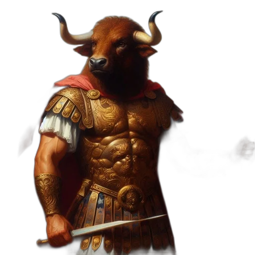 fantasy art, concept art, photorealistic, comic book art, figure, bull, head, human transparent PNG cut-out