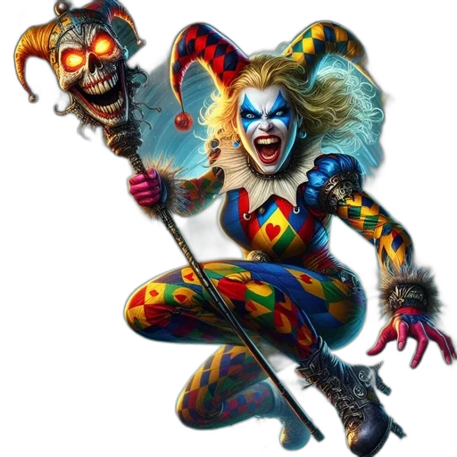 mask, concept art, comic book art, fantasy art, female, jester-like, character, manic transparent PNG cut-out