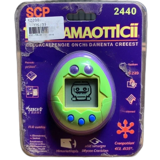 robot, 3d render, tamagotchi, toy, packaging, shown, purple, yellow transparent PNG cut-out