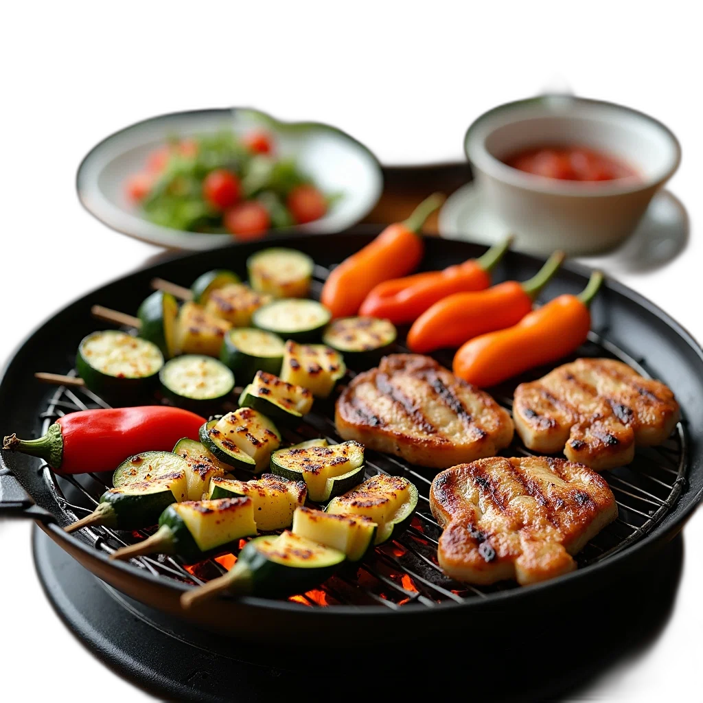 food, 3d render, photorealistic, variety, grilled, vegetables, meats, displayed transparent PNG cut-out
