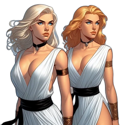 comic book art, concept art, fantasy art, cartoon, earth tones, two, women, white transparent PNG cut-out