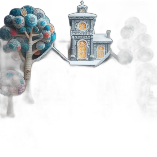 concept art, 3d render, watercolor, fantasy art, fog, snow, city street, miniature transparent PNG cut-out