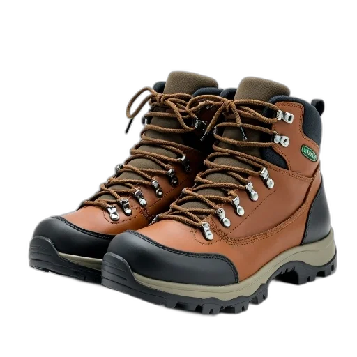 shoes, 3d render, pair, brown, hiking, boots, laces, metal transparent PNG cut-out