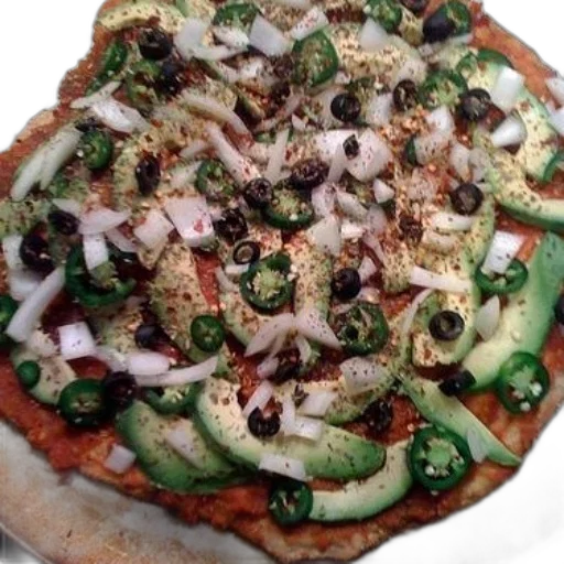 food, pizza, avocado, jalapenos, onions, olives, metal, pan transparent PNG cut-out