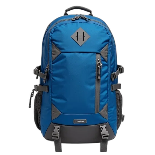 blue, grey, backpack, black, logo, front, displayed, against transparent PNG cut-out