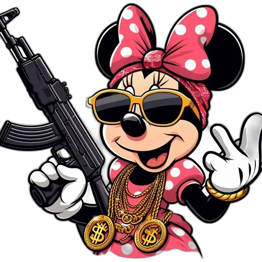 weapon, cartoon, pixel art, concept art, comic book art, minnie, mouse, adorned transparent PNG cut-out