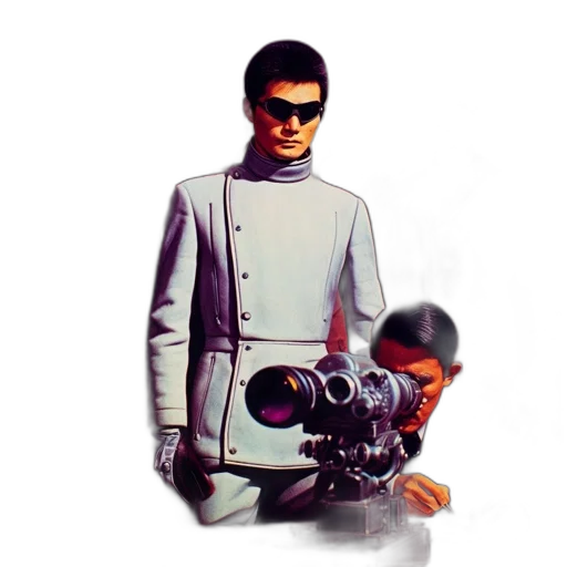 robot, jacket, staff, weapon, concept art, 3d render, photorealistic, vaporwave transparent PNG cut-out