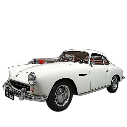 car, 3d render, photorealistic, white, vintage, parked, inside, showroom transparent PNG cut-out