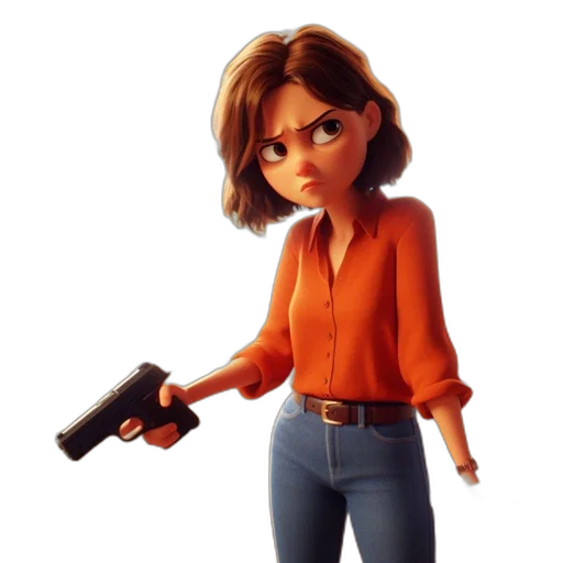 weapon, staff, jacket, 3d render, concept art, cartoon, determined, female transparent PNG cut-out