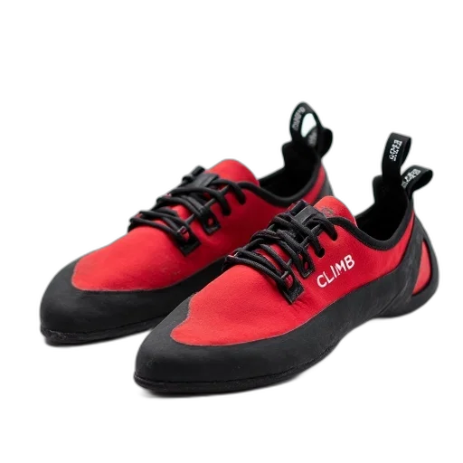shoes, 3d render, photorealistic, red, pair, black, climbing, word transparent PNG cut-out