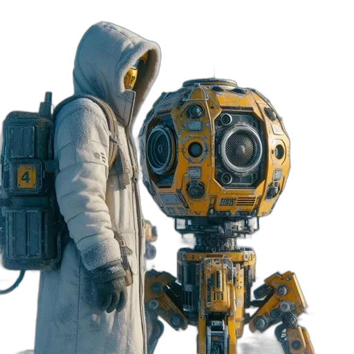 robot, jacket, weapon, staff, concept art, cyberpunk, 3d render, outer space transparent PNG cut-out