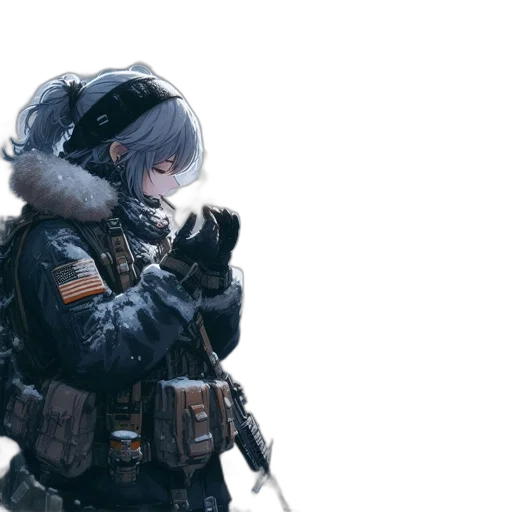weapon, jacket, concept art, cyberpunk, 3d render, fantasy art, snow, monochrome transparent PNG cut-out