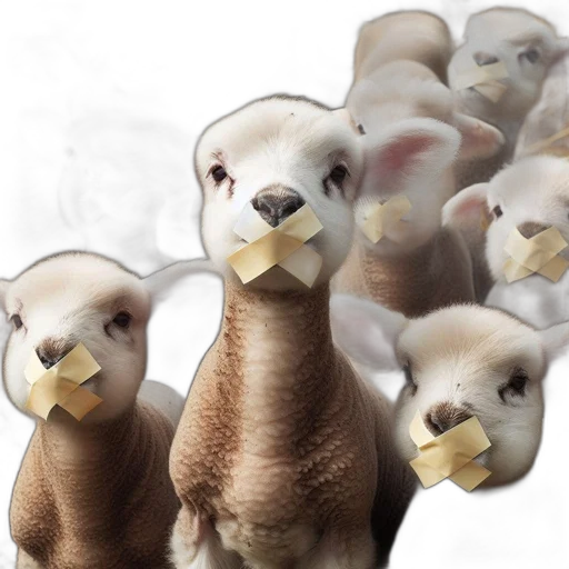 animal, 3d render, photorealistic, group, young, lambs, taped, mouths transparent PNG cut-out
