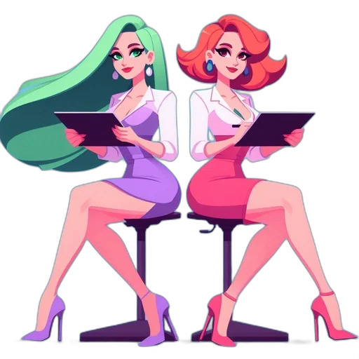cartoon, pixel art, concept art, fantasy art, neon, green, two, female transparent PNG cut-out