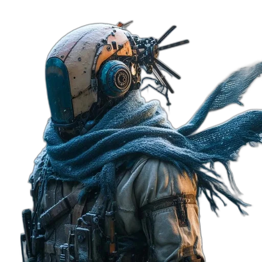 mask, creature, jacket, robot, concept art, cyberpunk, fantasy art, comic book art transparent PNG cut-out