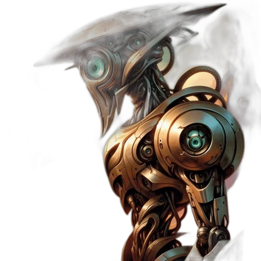 robot, weapon, mask, face, concept art, fantasy art, 3d render, photorealistic transparent PNG cut-out