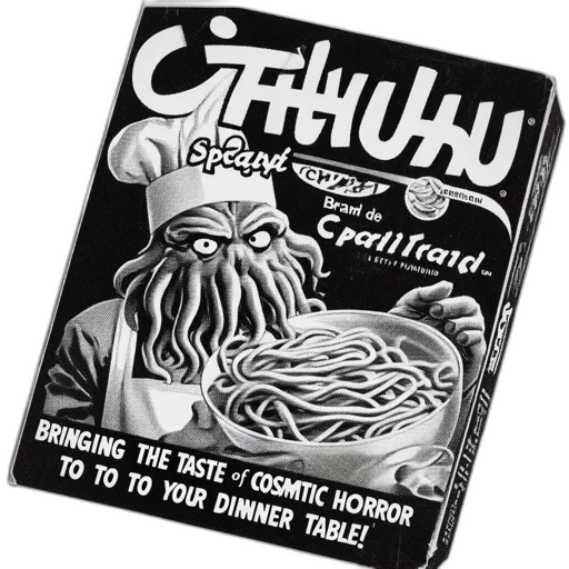 food, creature, comic book art, vintage-styled, box, brains, cthulhu, featuring transparent PNG cut-out