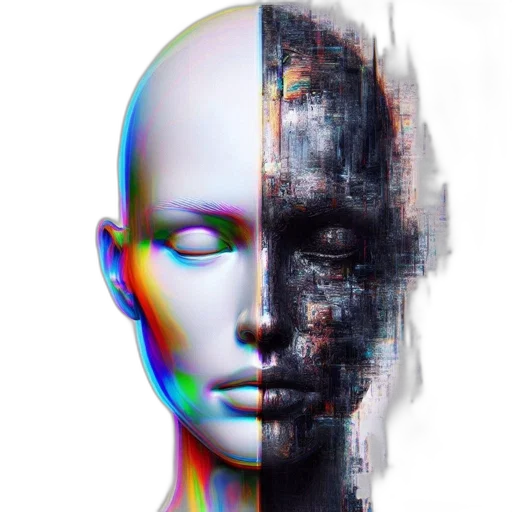 robot, face, mask, hair, cyberpunk, vaporwave, 3d render, concept art transparent PNG cut-out