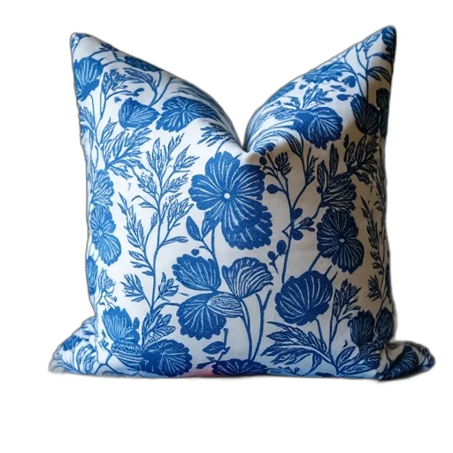 furniture, blue, hand, printed, pillow, laura, clark, cover transparent PNG cut-out