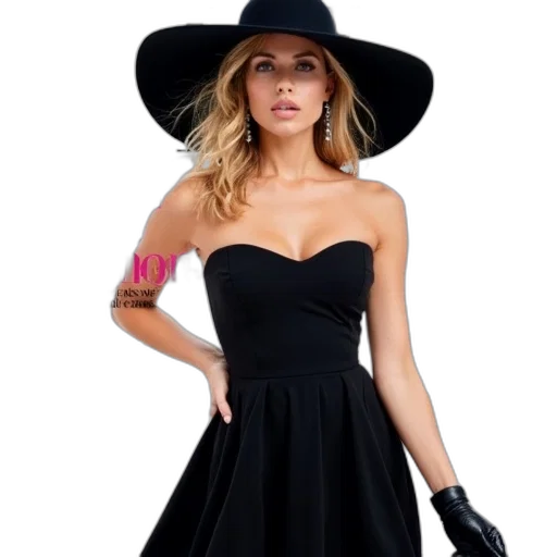 dress, hat, jewelry, dark, monochrome, cover, elle, magazine transparent PNG cut-out