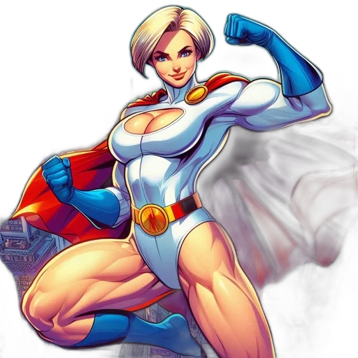 comic book art, concept art, cartoon, pixel art, muscular, female, superhero, white transparent PNG cut-out