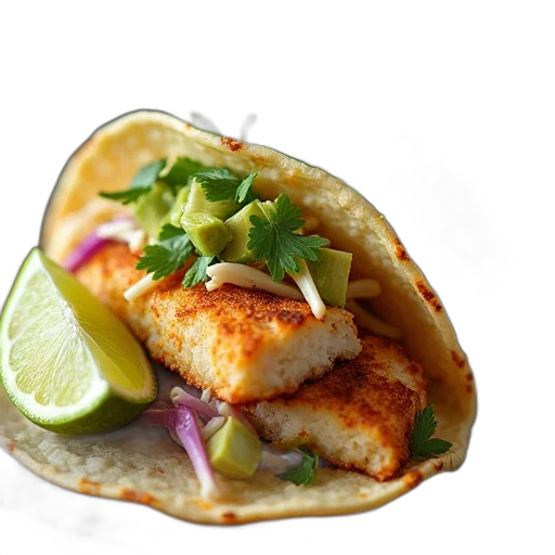 food, jacket, photorealistic, fish, tacos, topped, slaw, avocado transparent PNG cut-out