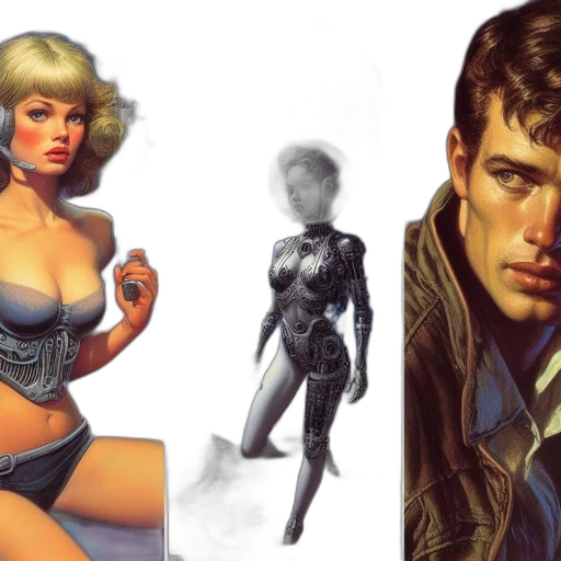 comic book art, concept art, photorealistic, fantasy art, three, distinct, scenes, blonde transparent PNG cut-out