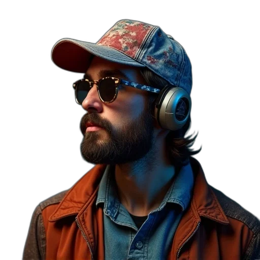 jacket, hat, face, robot, photorealistic, concept art, cyberpunk, 3d render transparent PNG cut-out