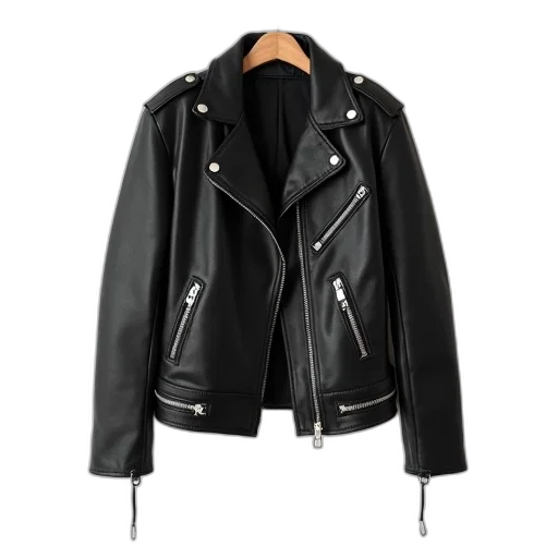 jacket, black, leather, displayed, against, white, background transparent PNG cut-out