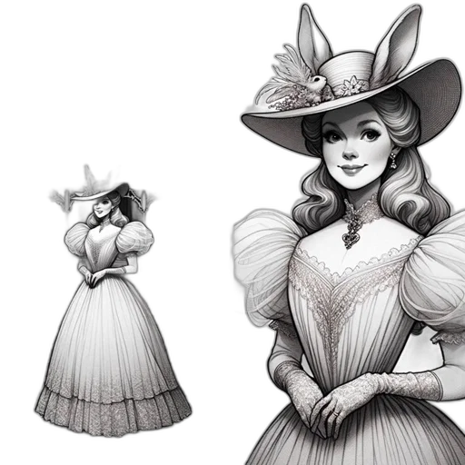 hat, dress, crown, concept art, pencil sketch, fantasy art, cartoon, monochrome transparent PNG cut-out