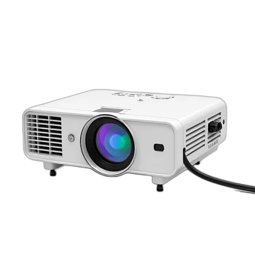3d render, white, projector, circular, lens, black, cable, connector transparent PNG cut-out