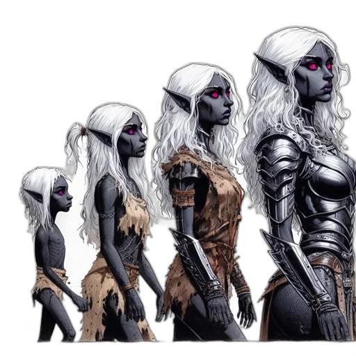 concept art, comic book art, fantasy art, pixel art, dark, five, female, figures transparent PNG cut-out