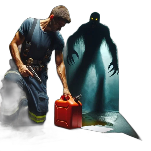 concept art, fantasy art, comic book art, fog, fire, underwater, man, kneels transparent PNG cut-out