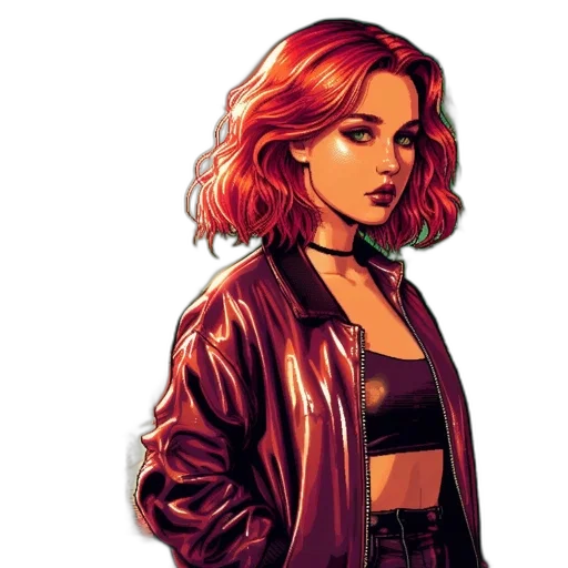 jacket, comic book art, concept art, pixel art, cyberpunk, neon lights, fire, red transparent PNG cut-out