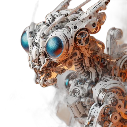 robot, weapon, jewelry, 3d render, concept art, cyberpunk, photorealistic, white transparent PNG cut-out