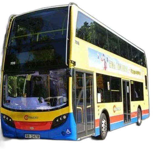 photorealistic, 3d render, yellow, blue, double-decker, bus, number, 2478 transparent PNG cut-out