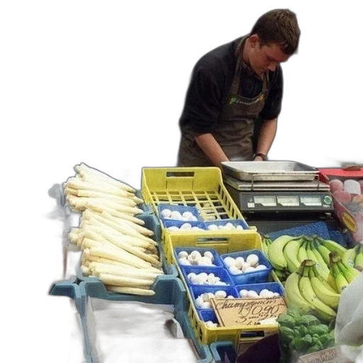 food, man, apron, stands, behind, table, vegetables, market transparent PNG cut-out