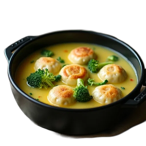 food, photorealistic, 3d render, bowl, creamy, soup, dumplings, green transparent PNG cut-out