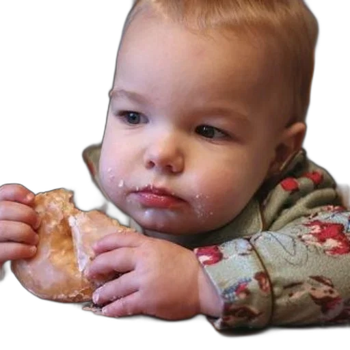 food, face, jewelry, photorealistic, baby, messy, holds, doughnut transparent PNG cut-out