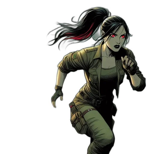 comic book art, concept art, green, female, character, red, glowing, eyes transparent PNG cut-out