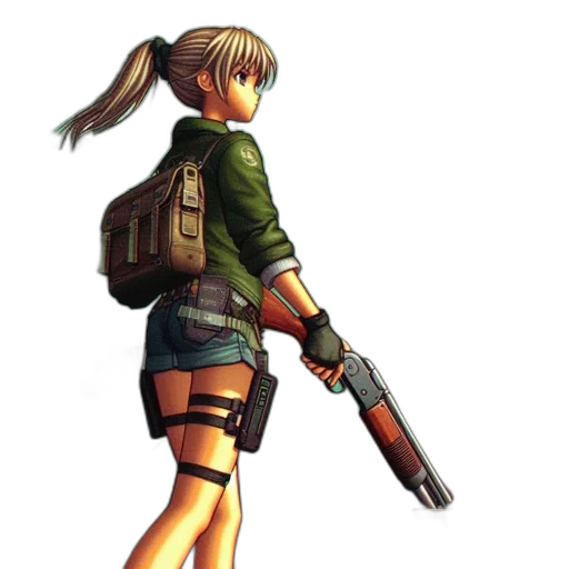 weapon, concept art, pixel art, cyberpunk, 3d render, green, animated, woman transparent PNG cut-out